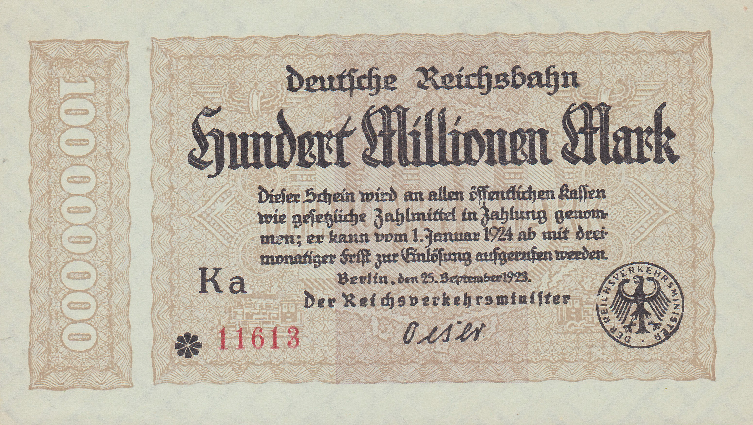 Leider kein Bild von 100 Millionen v. 25.09.1923 mit 5-stelliger KN und schwarzem 8-Stern vor der KN