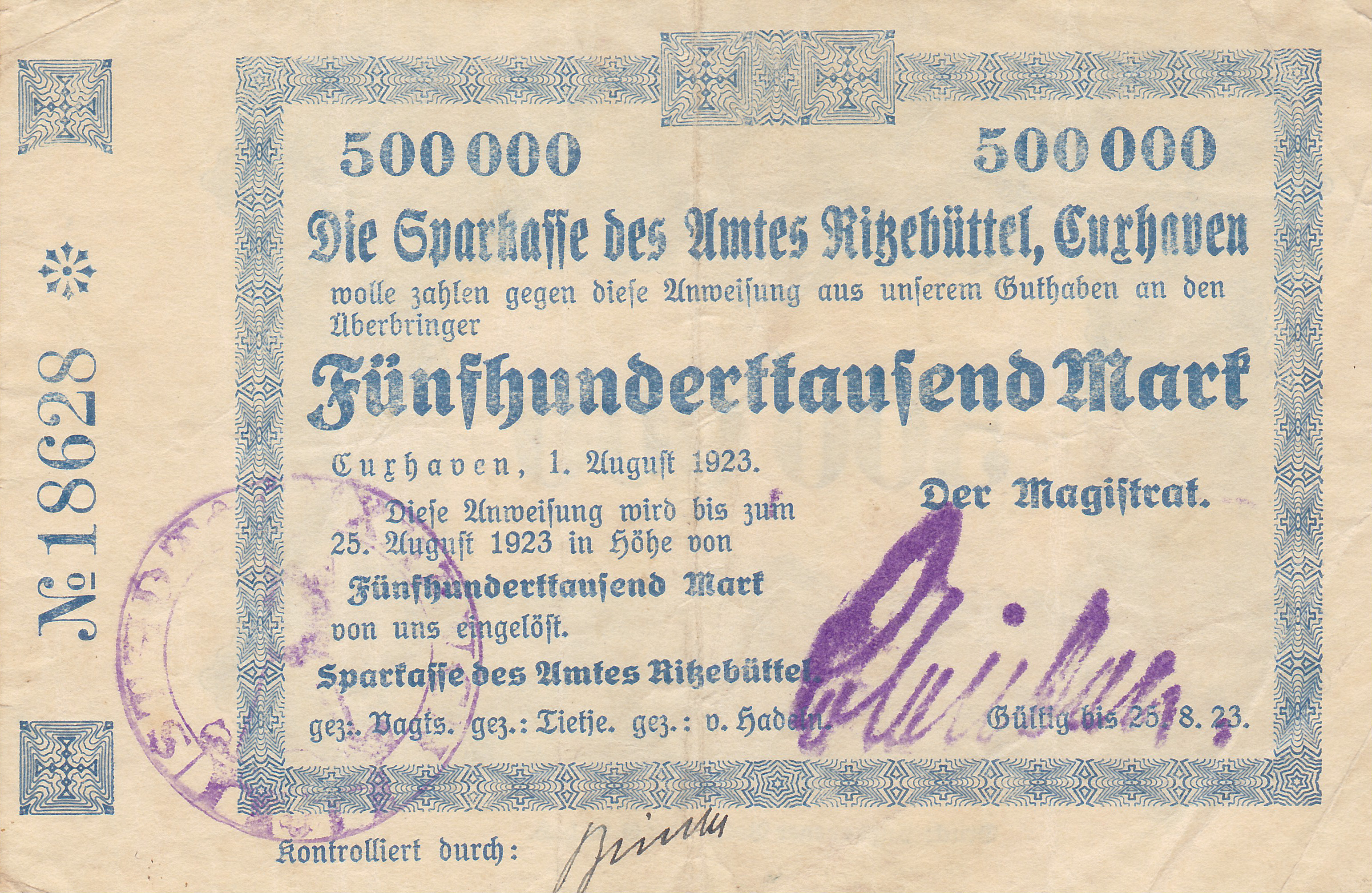 500.000 Mark 01.08.1923. Leider kein Bild