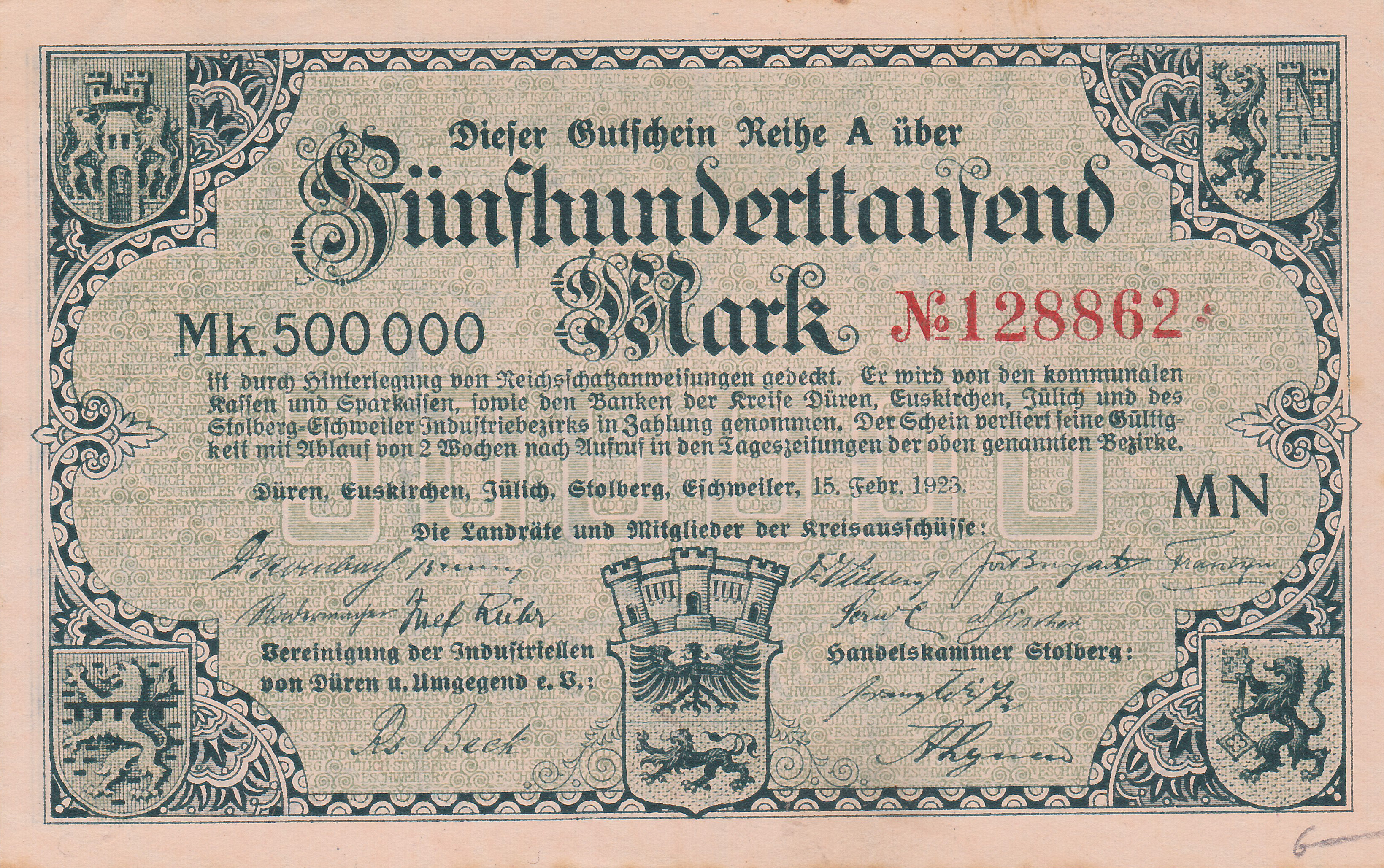 Leider kein Bild von 500.000 Mark vom 15.02.1923