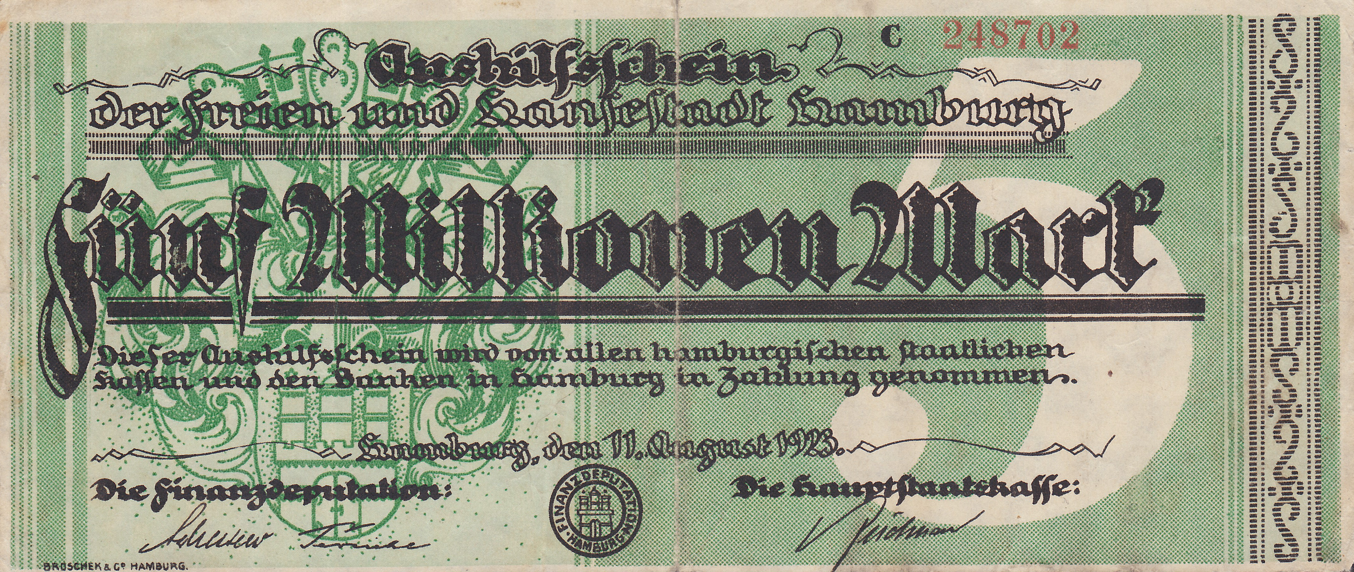 5 Mio, leider kein Bild, von 5 Millionen v. 11.08.1923. Ähnlich wie 10 Mio v. 24.08.1923