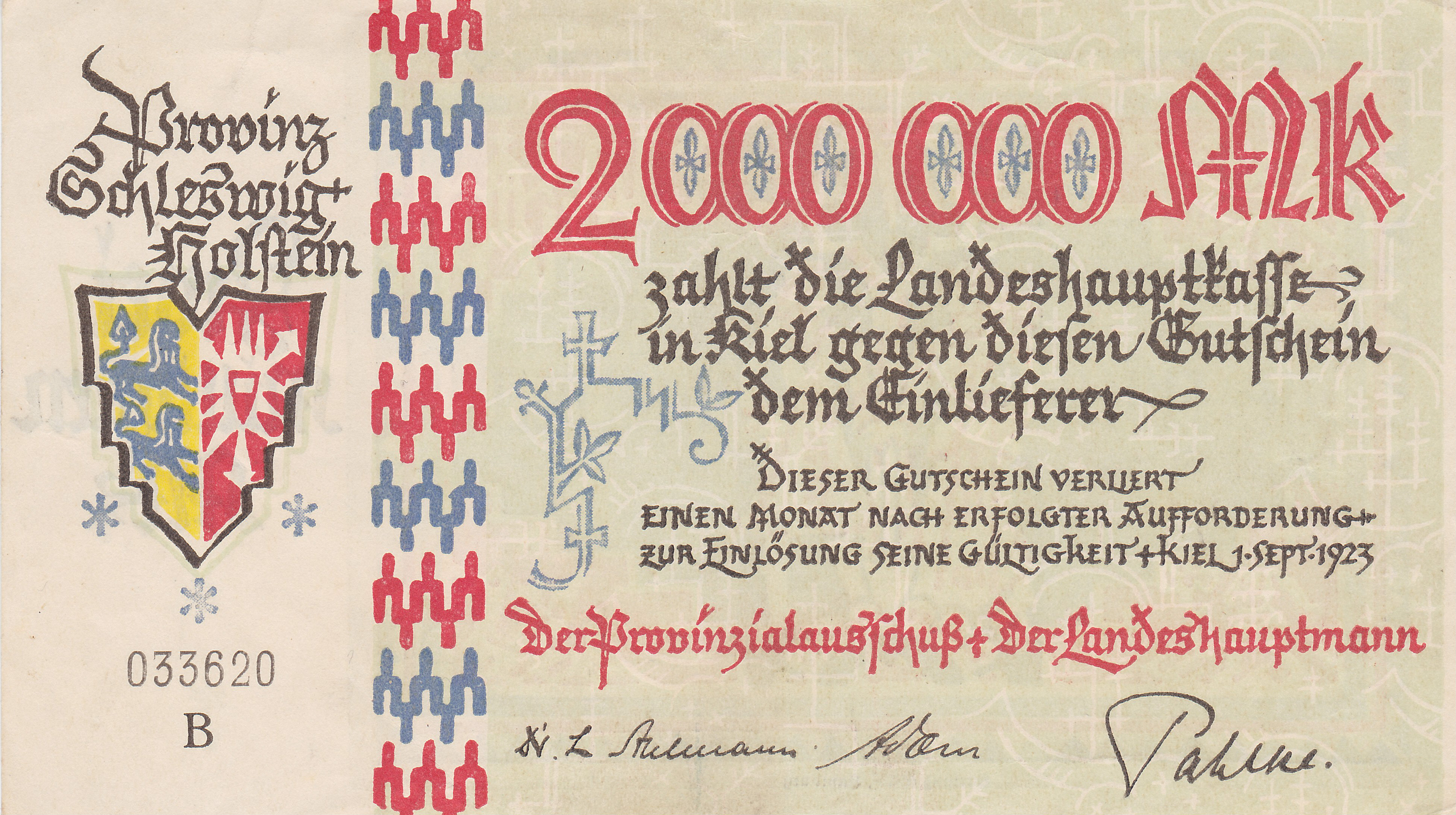 Leider kein Bild der 2 Millionen Banknote. Gleiche Ausführung wie 1 + 5 Millionen vom 01.09.1923! Siehe Oben und Unten