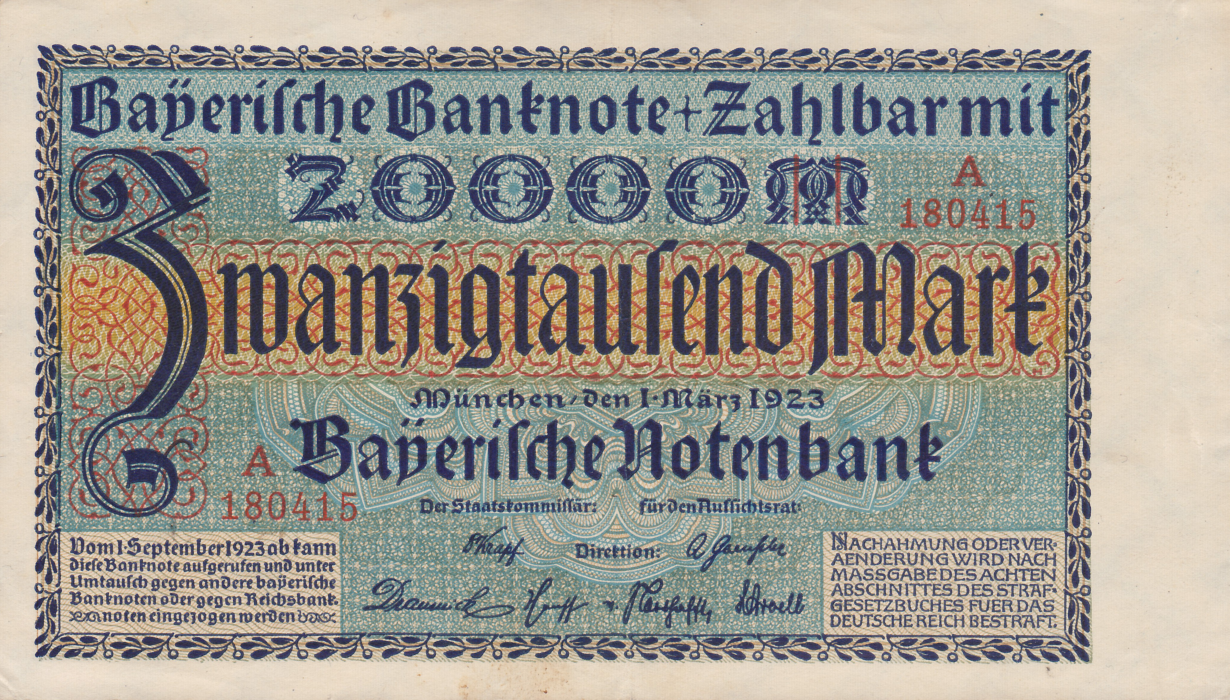 Leider kein Bild von 20.000 Mark vom 01.03.1923